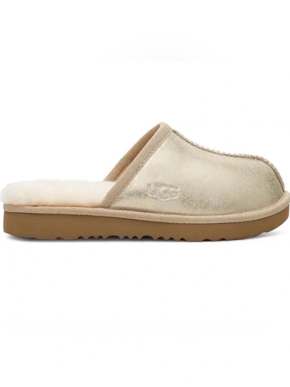 UGG Kids Keegan Metallic Gold Faux Fur Slippers 3M Big Kid Cozy Shoes NWT